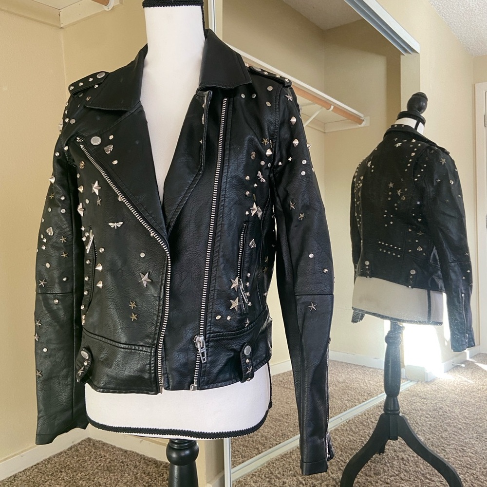 BLANKNYC Black Studded Moto Jacket Size XS Stars Peace-Sign Studs